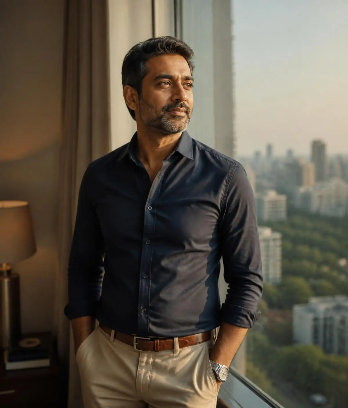 A confident man looking out over the city