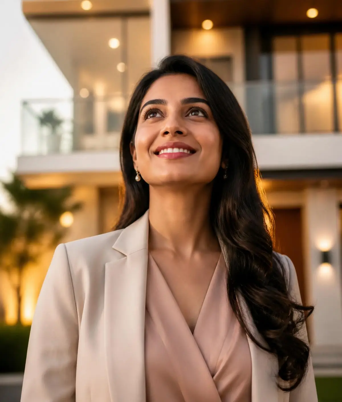A confident woman looking up with hope