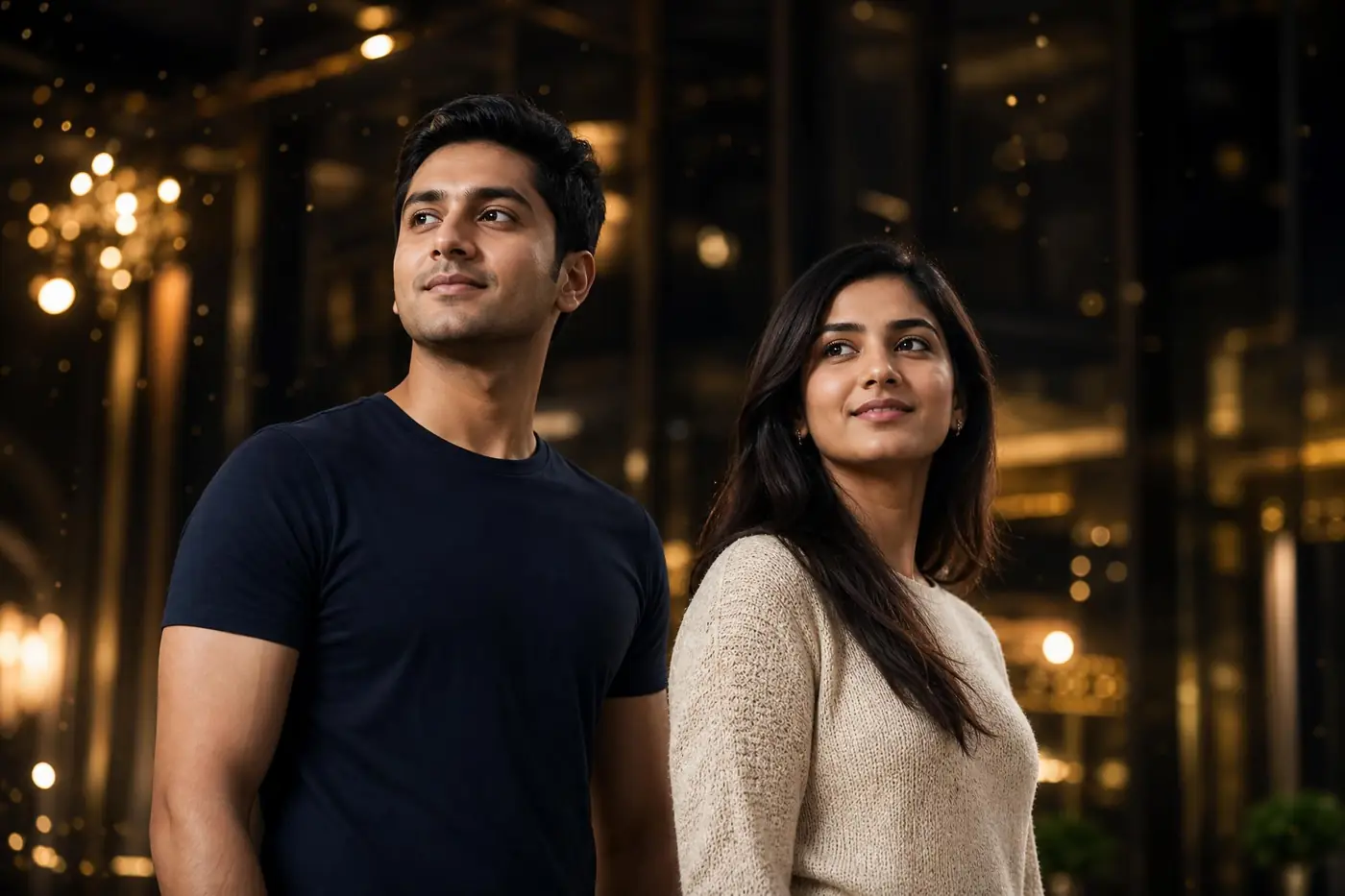 A young, dynamic couple in casual clothes with warm golden lights